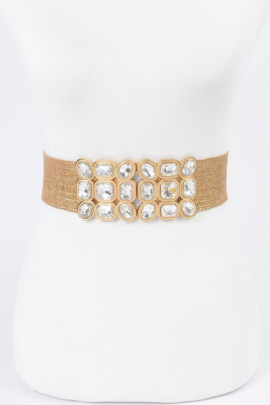 Gold metallic stretch belt with multi-square rhinestone cluster centerpiece