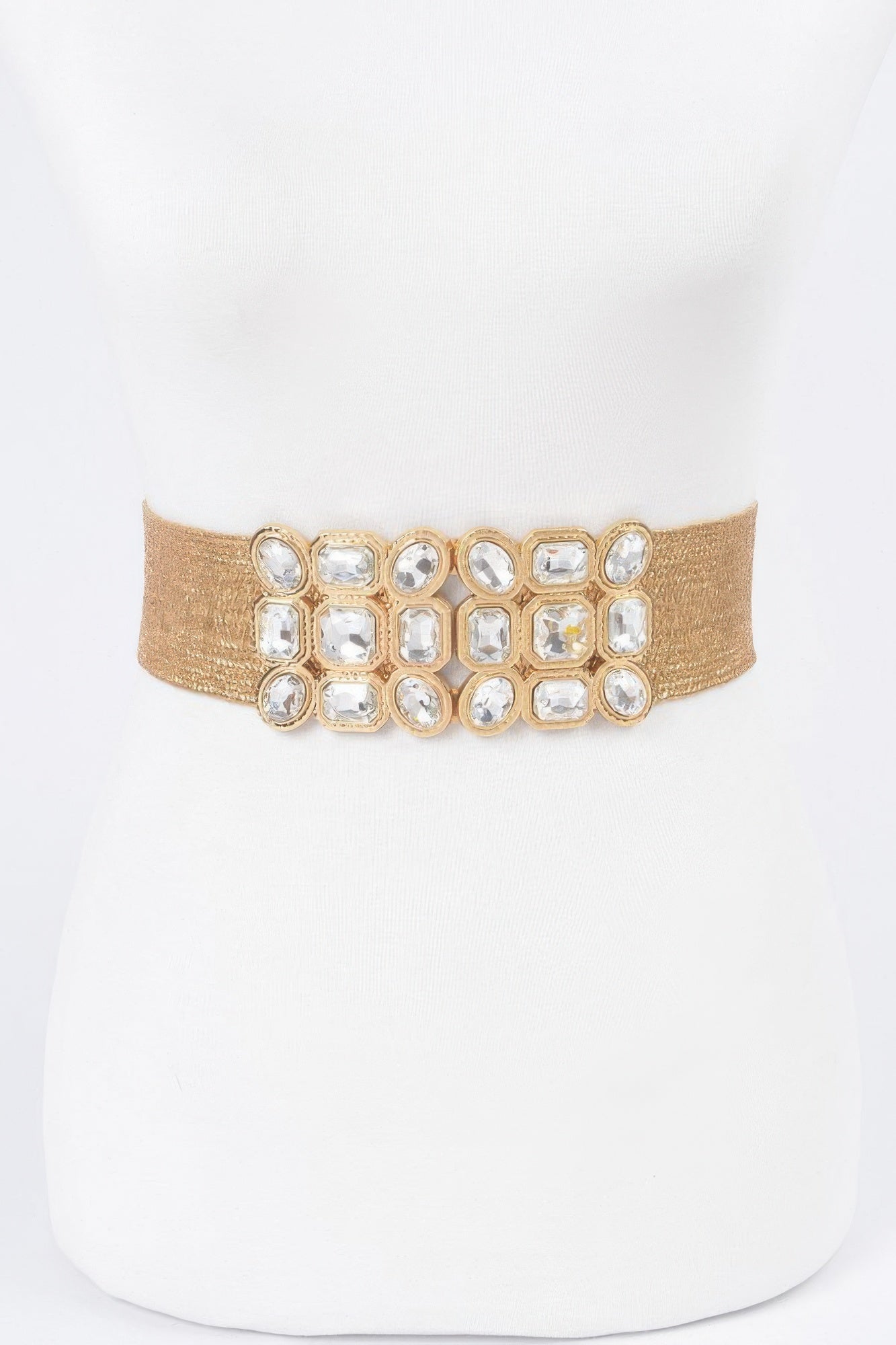 Gold metallic stretch belt with multi-square rhinestone cluster centerpiece