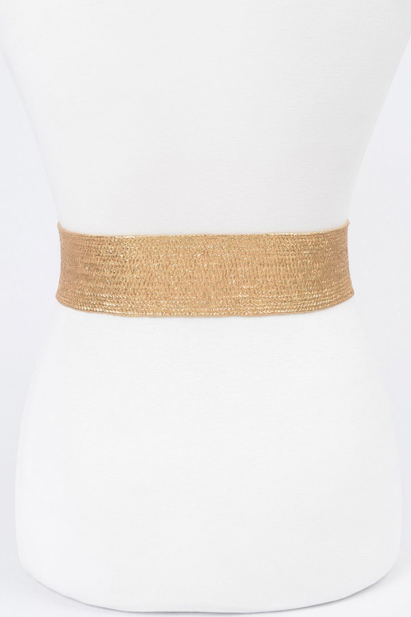 Gold metallic stretch belt band, smooth woven texture (no buckle visible)