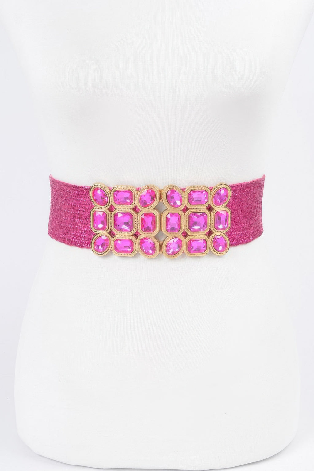 Fuchsia metallic stretch belt with multi-square pink rhinestone cluster centerpiece
