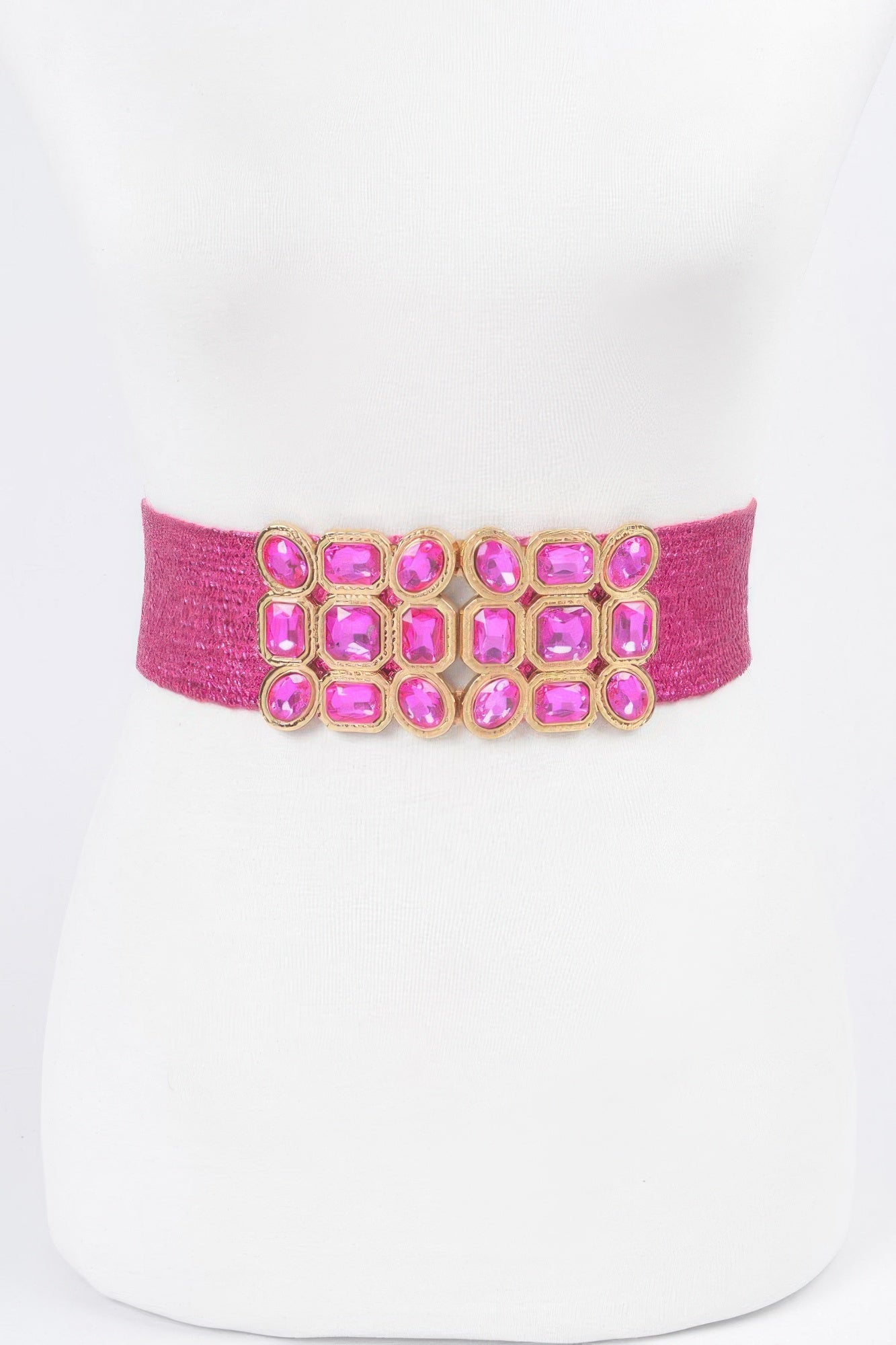 Fuchsia metallic stretch belt with multi-square pink rhinestone cluster centerpiece
