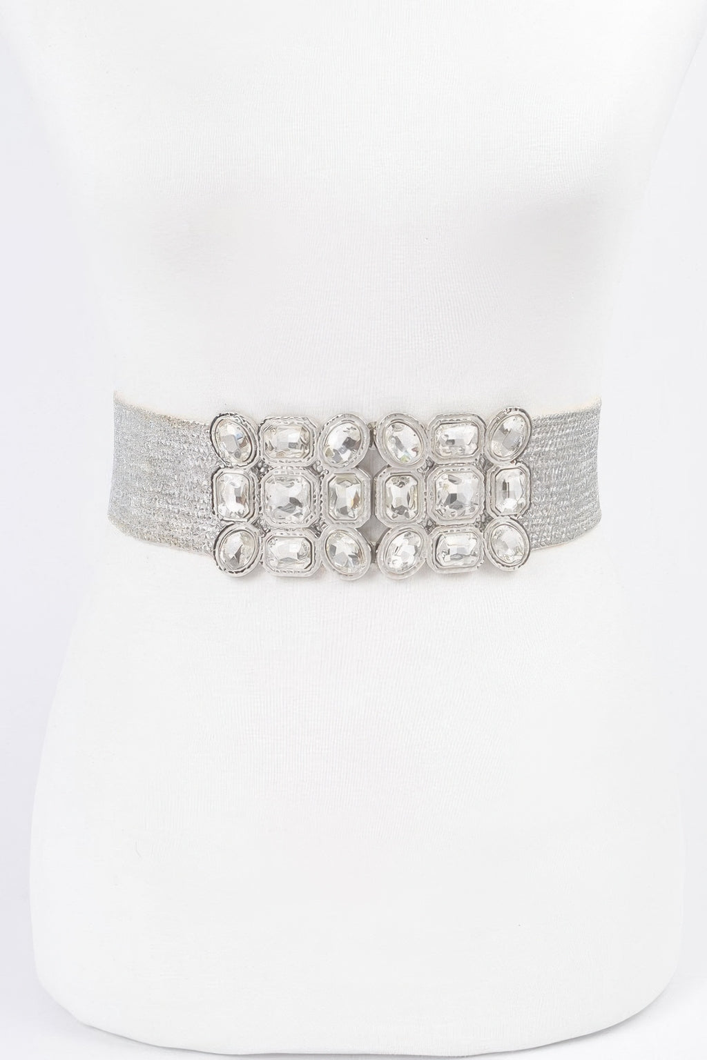 Silver metallic stretch belt with clear multi-square rhinestone cluster centerpiece