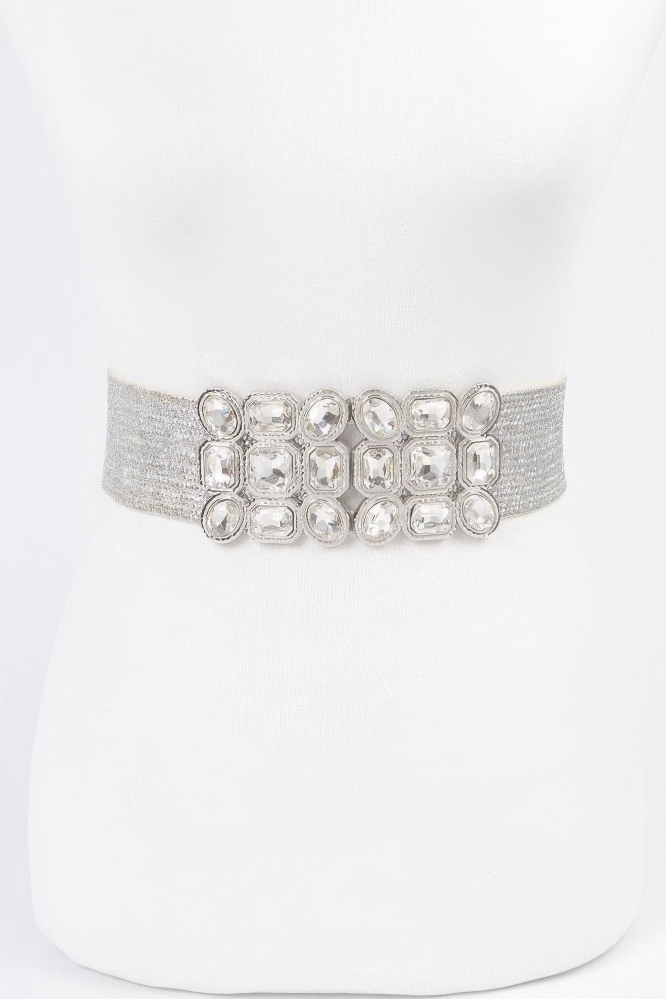 Silver metallic stretch belt with clear multi-square rhinestone cluster centerpiece