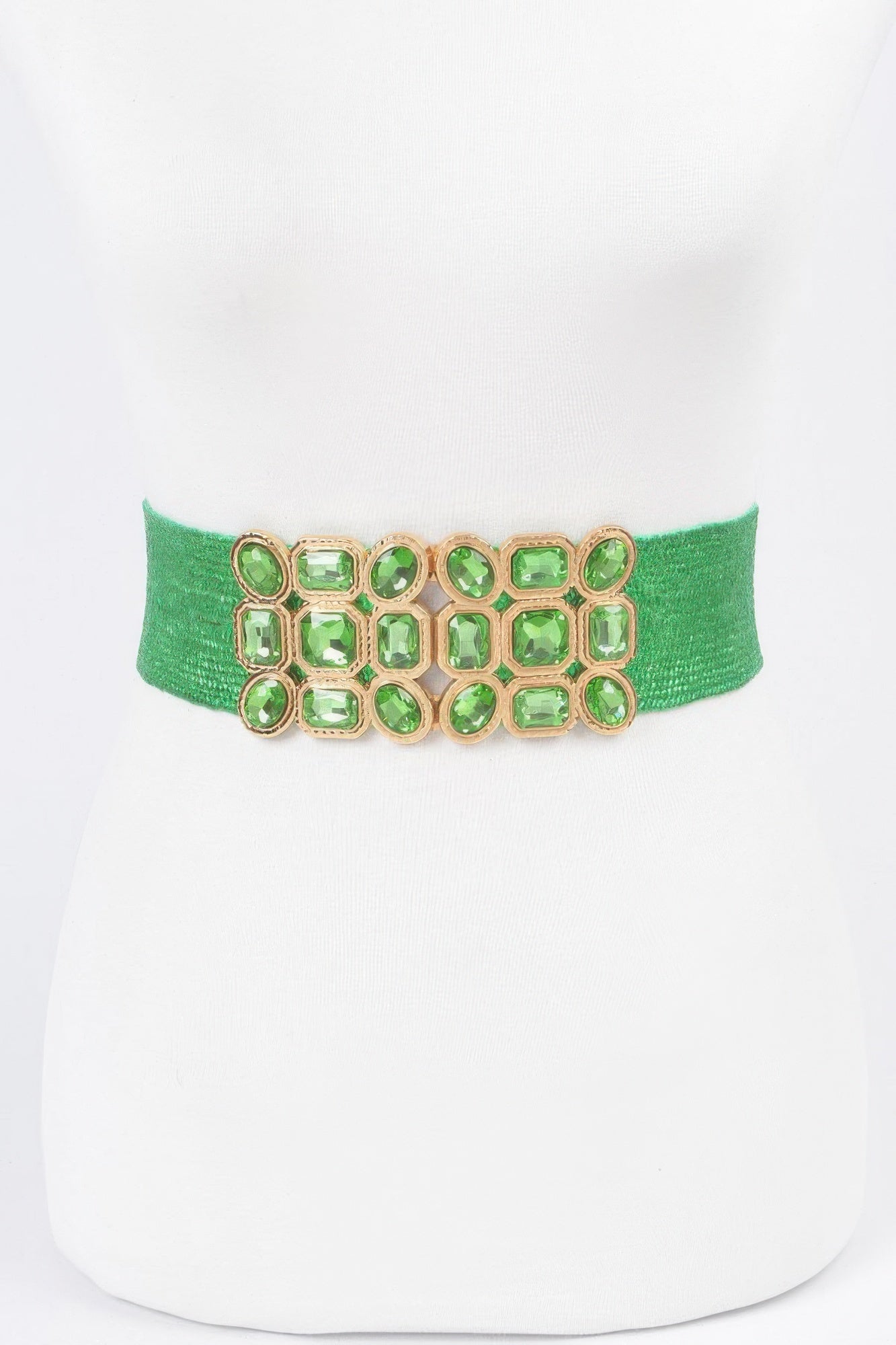 Green metallic stretch belt with multi-square green rhinestone cluster centerpiece