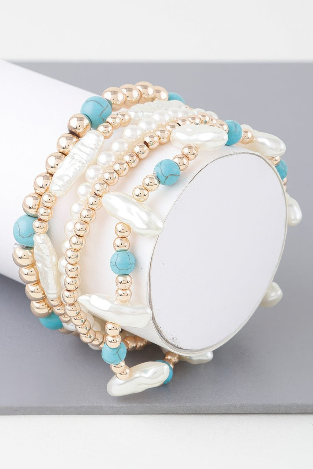 Multi-stone & pearl beaded bracelet with turquoise beads, gold-tone round beads