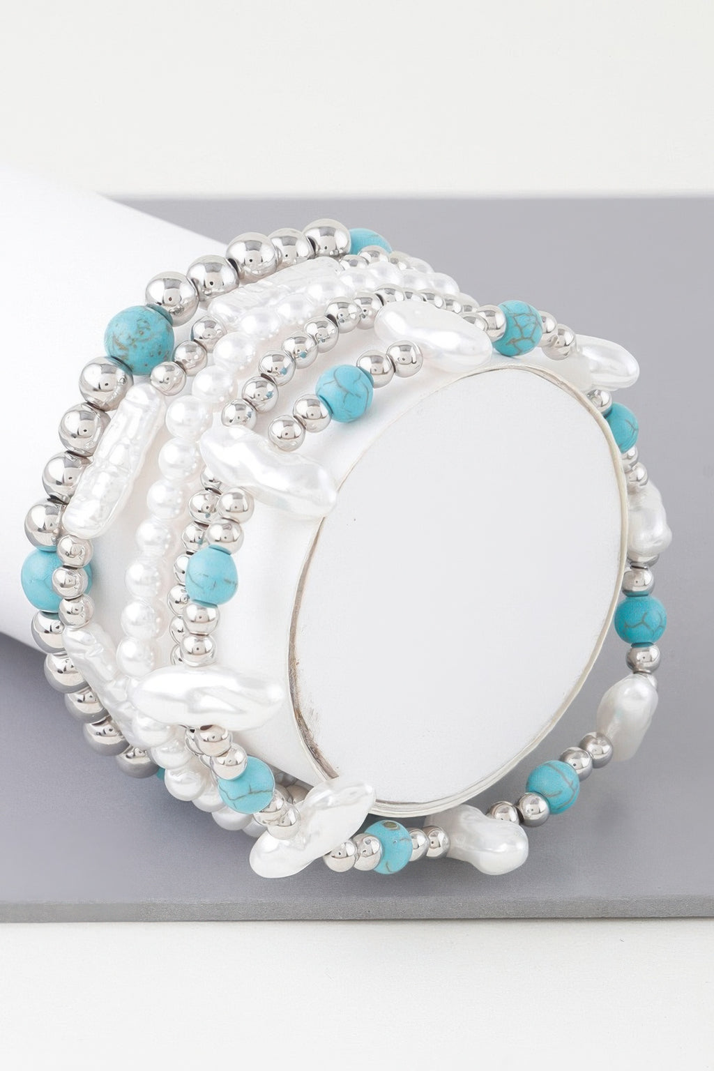 Multi-stone & pearl bracelet with turquoise beads, silver-tone round beads