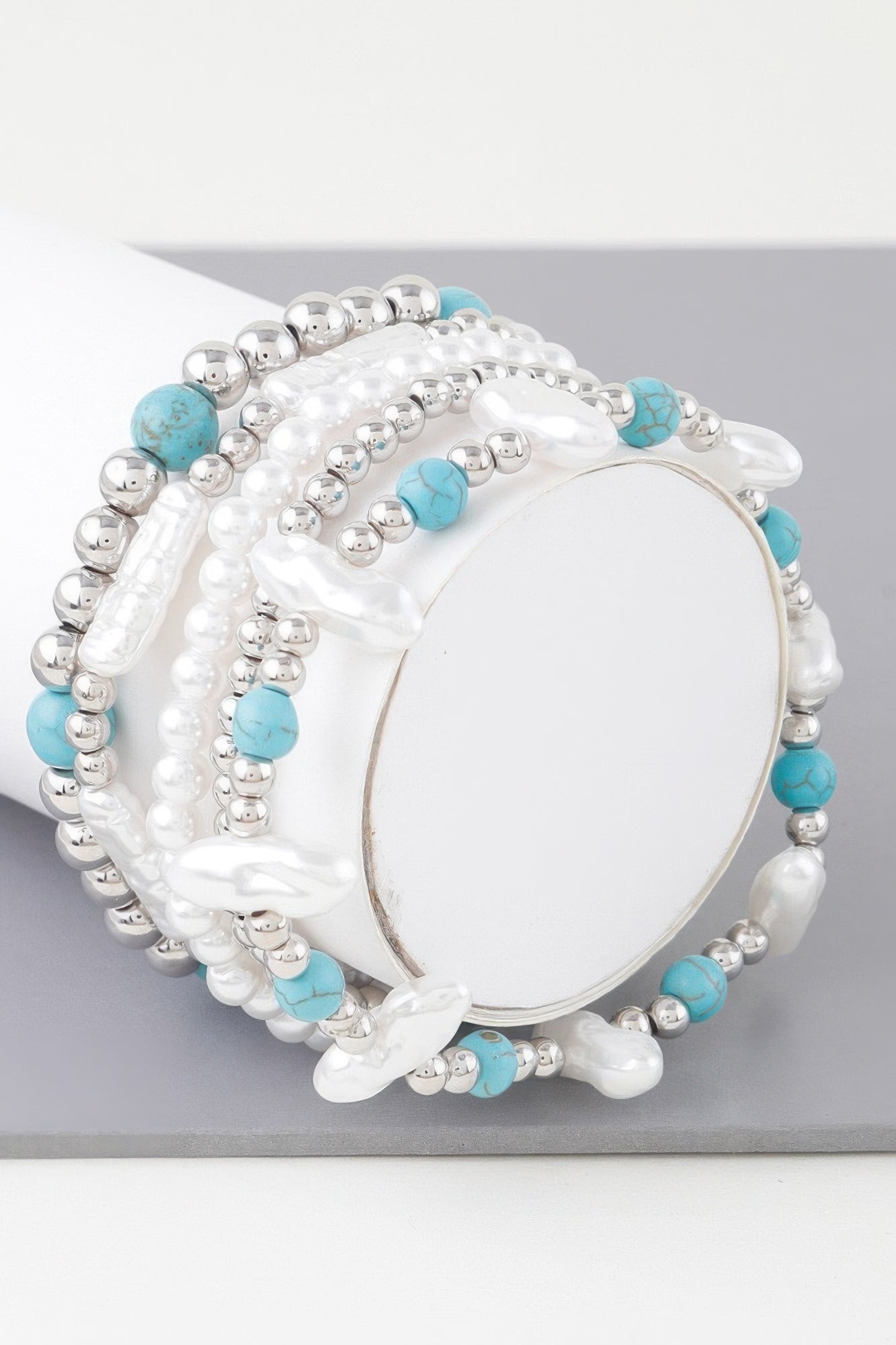 Multi-stone & pearl bracelet with turquoise beads, silver-tone round beads