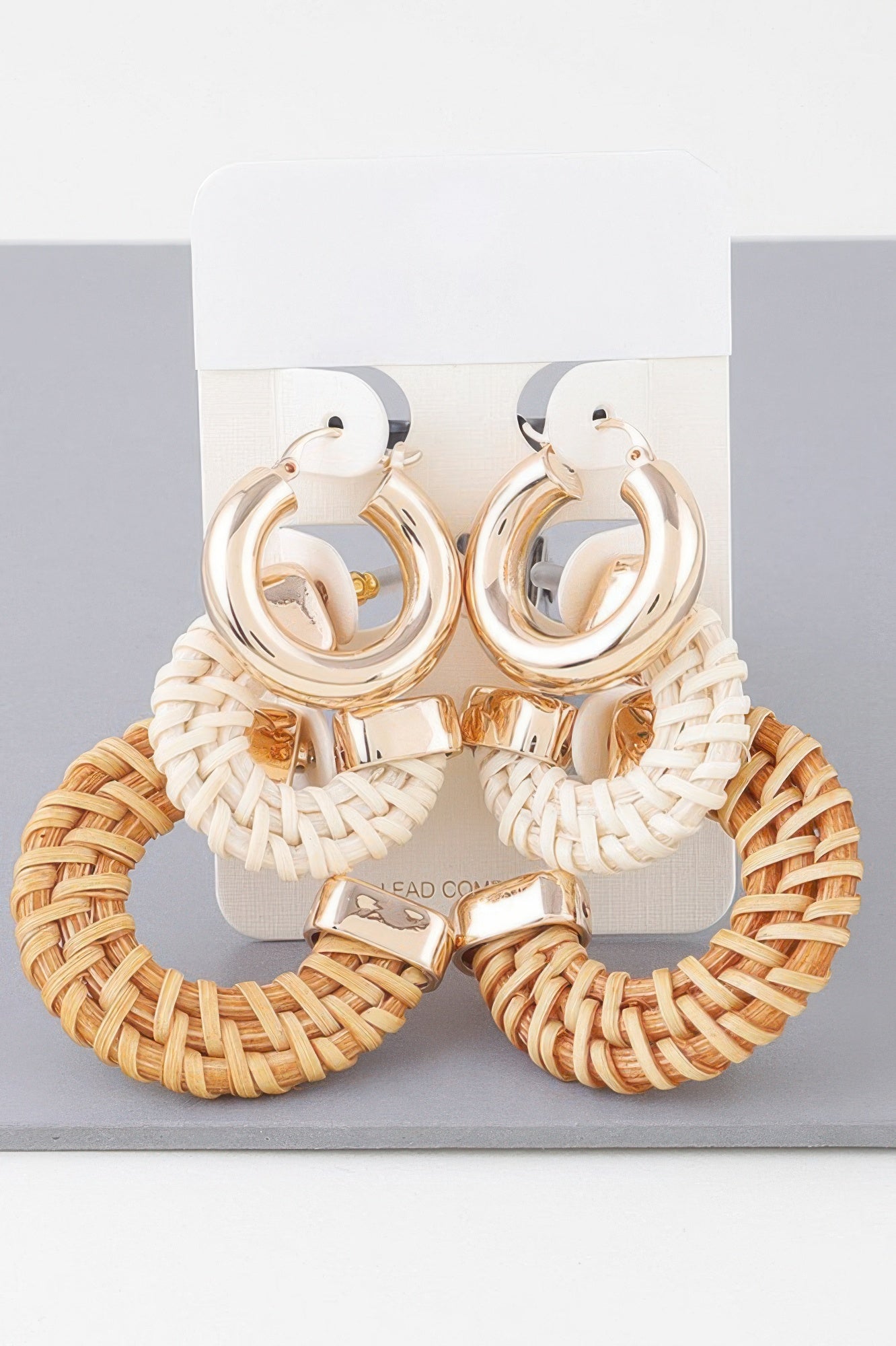 Natural multi triple woven hoop earrings: tan & white braids, gold-tone hoops