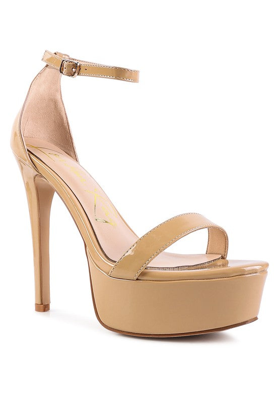 My Mains high platform stiletto sandals in Latte, ankle strap with buckle