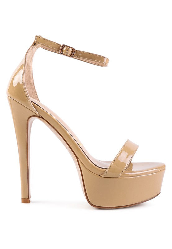 My Mains high platform stiletto sandals, tan ankle strap and platform heel