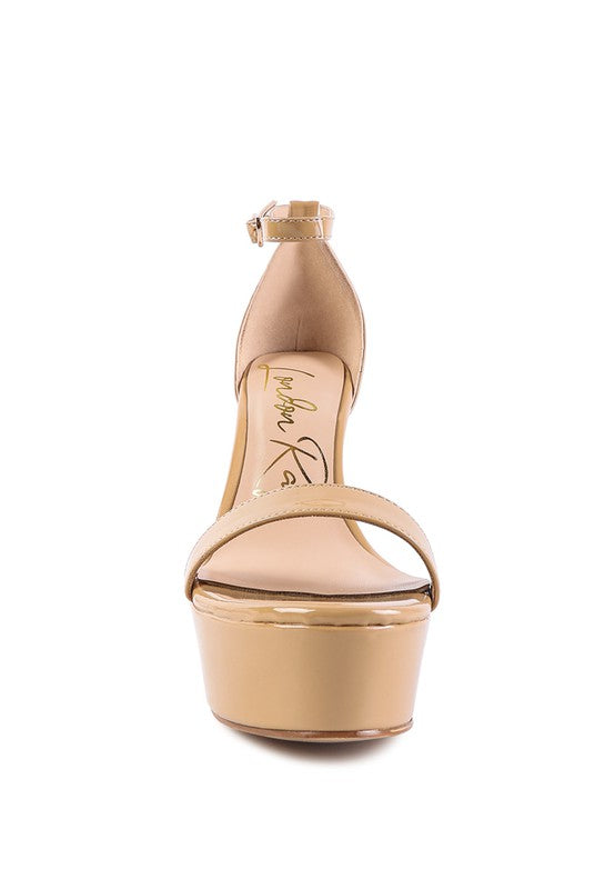 My Mains high platform stiletto sandals, tan front view with ankle strap