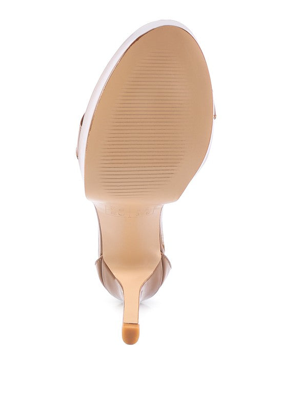 My Mains high platform stiletto sandals in Mocca, outsole heel back shot