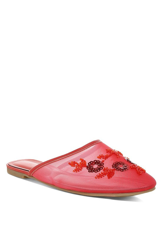 Red mesh mule, pointed slip-on with floral beaded embellishment across toe.