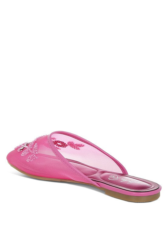 Fuchsia sequin-beaded mesh mule, slip-on design with flat sole