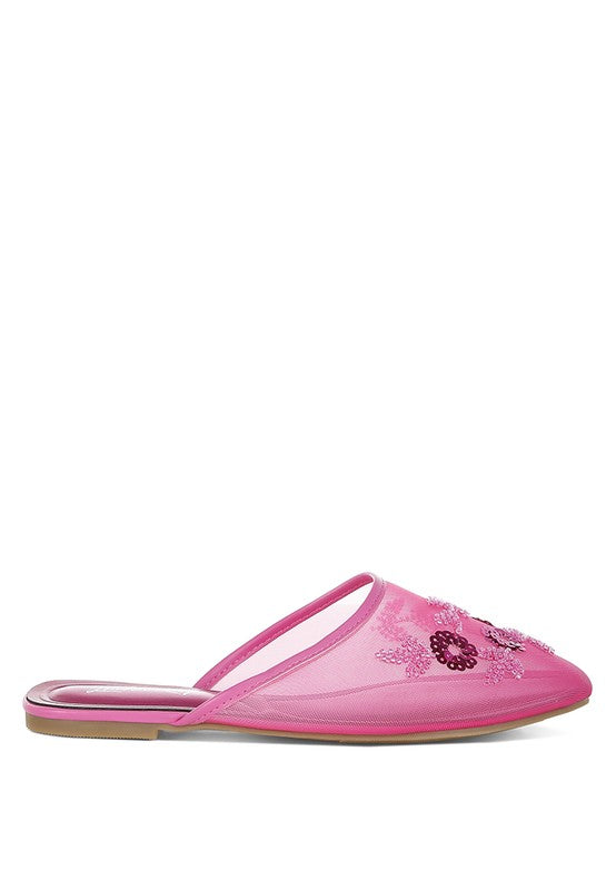 Fuchsia mule with mesh upper and sequin beaded floral pattern on toe
