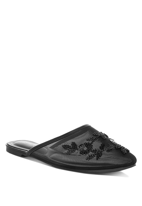 Black mesh sequin mules with beaded floral pattern and low flat sole