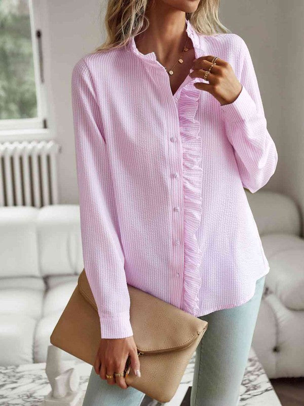 Nat ruffle trim shirt with button front and scalloped ruffle detail at neckline