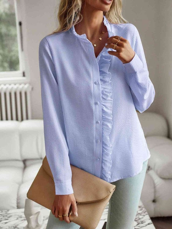 Misty Blue long-sleeve Nat ruffle trim shirt with button placket and ruffled trim