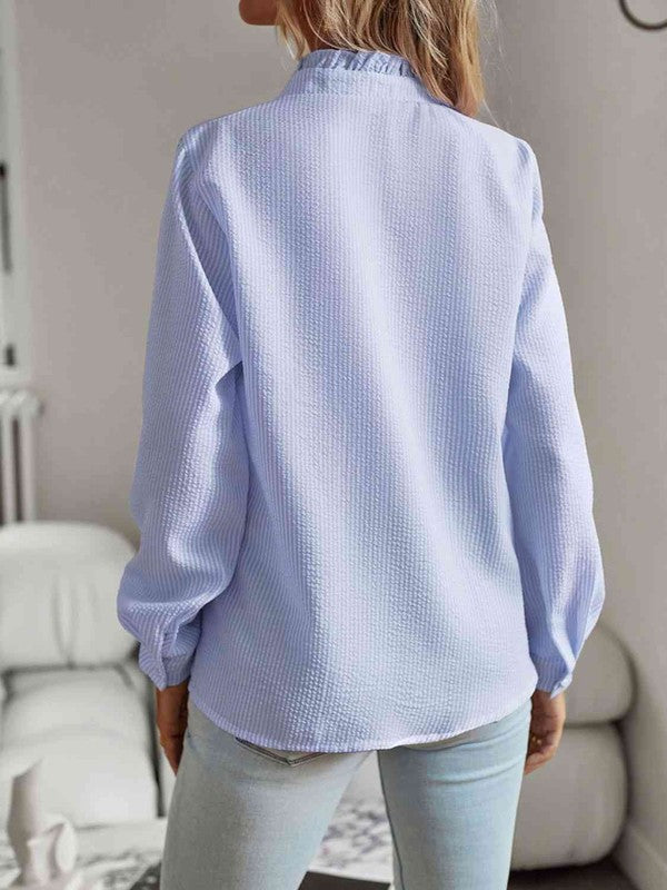 Misty Blue Nat ruffle trim shirt, back view with long sleeves