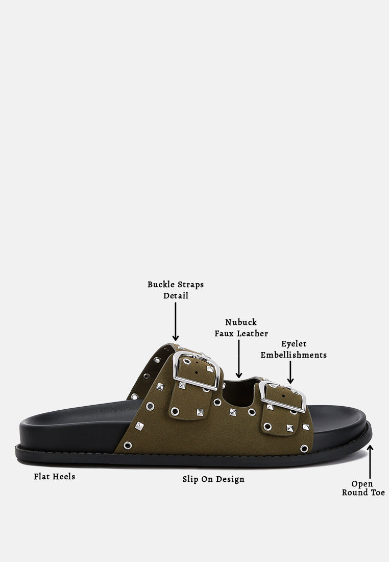 Natalya Lenny embellished sandals features: buckle straps, nubuck, eyelet embellishments, flat heel