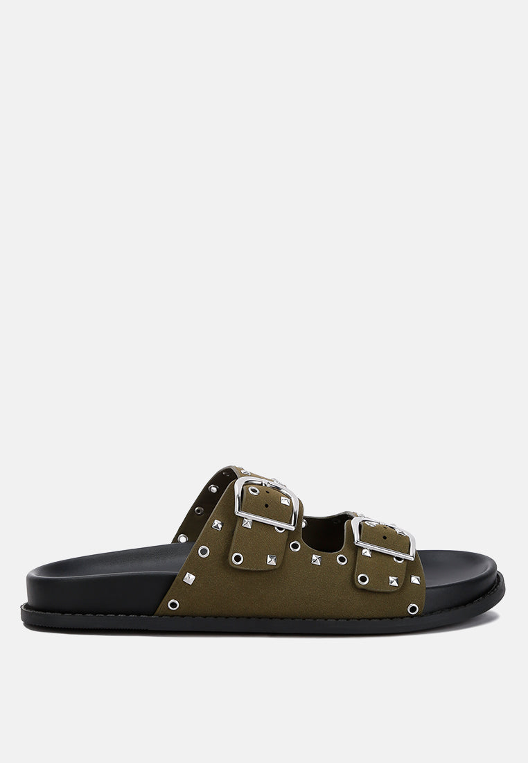 Natalya Lenny embellished sandals, khaki slide with double buckles and stud accents