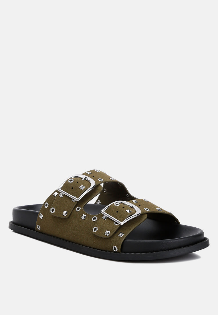 Natalya Lenny embellished sandals, khaki with two silver-tone buckle straps and studs