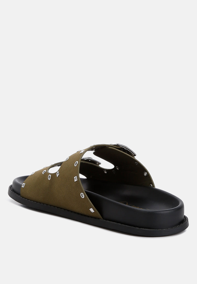 Natalya Lenny embellished sandals, khaki open-toe slide with studded strap detail