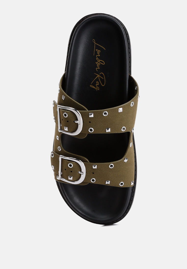 Natalya Lenny embellished sandals, khaki single view of double buckles on black insole