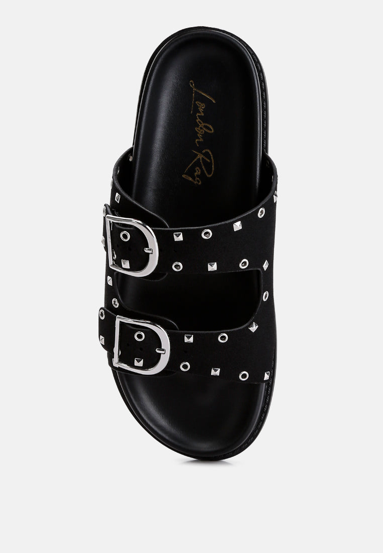Natalya Lenny embellished sandals, black upper with double silver-tone buckle straps and studs