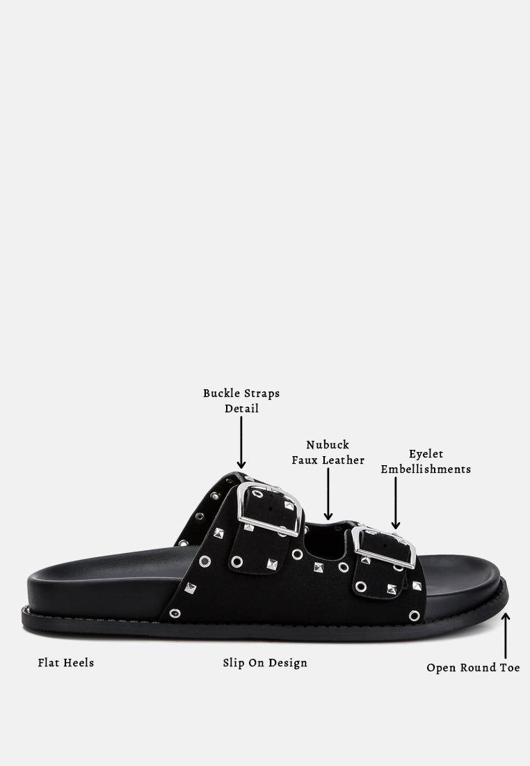 Black Natalya Lenny embellished slide sandals with buckles, flat heel, open round toe
