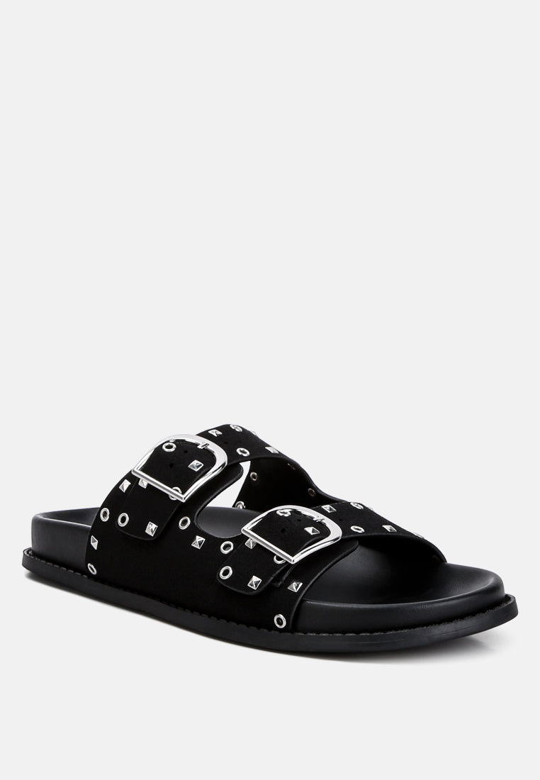 Natalya Lenny embellished sandals, black slide with two buckle straps and silver studs
