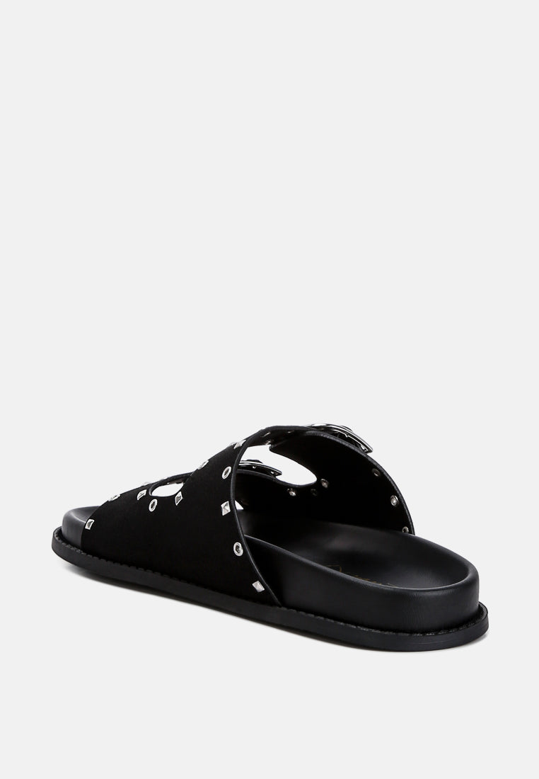 Natalya Lenny embellished sandals, black open-toe slide with studded cross strap