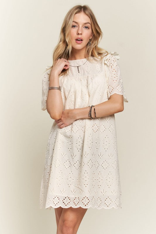 Natural Ruffled Eyelet Round Neck Dress - Tigbul's Variety Fashion Shop