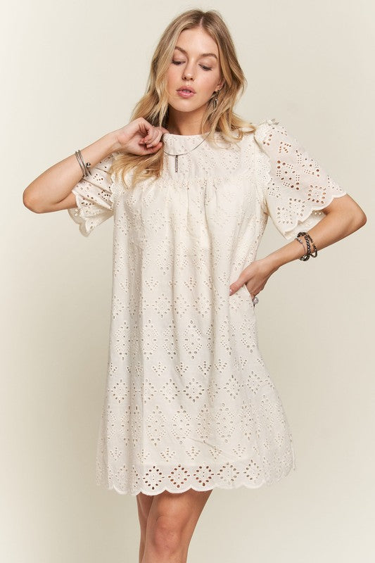 Natural Ruffled Eyelet Round Neck Dress - Tigbul's Variety Fashion Shop