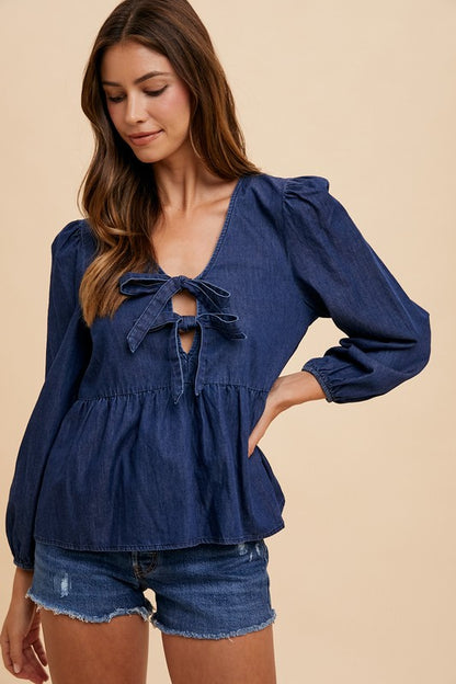 Navy Blue Tie Front Peplum Long Sleeve Denim Top - Tigbul's Variety Fashion Shop