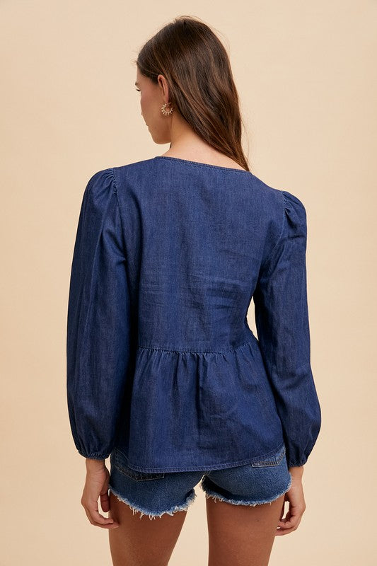 Navy Blue Tie Front Peplum Long Sleeve Denim Top - Tigbul's Variety Fashion Shop