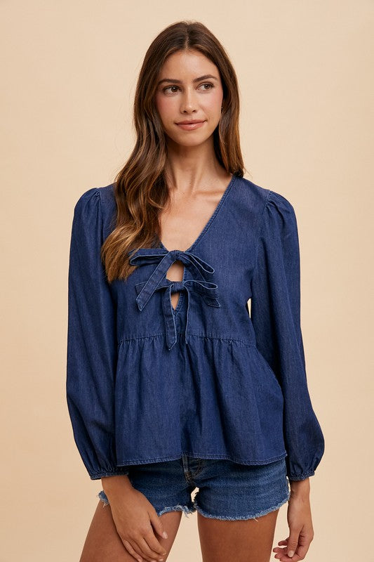Navy Blue Tie Front Peplum Long Sleeve Denim Top - Tigbul's Variety Fashion Shop