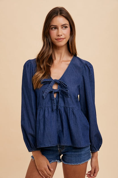 Navy Blue Tie Front Peplum Long Sleeve Denim Top - Tigbul's Variety Fashion Shop
