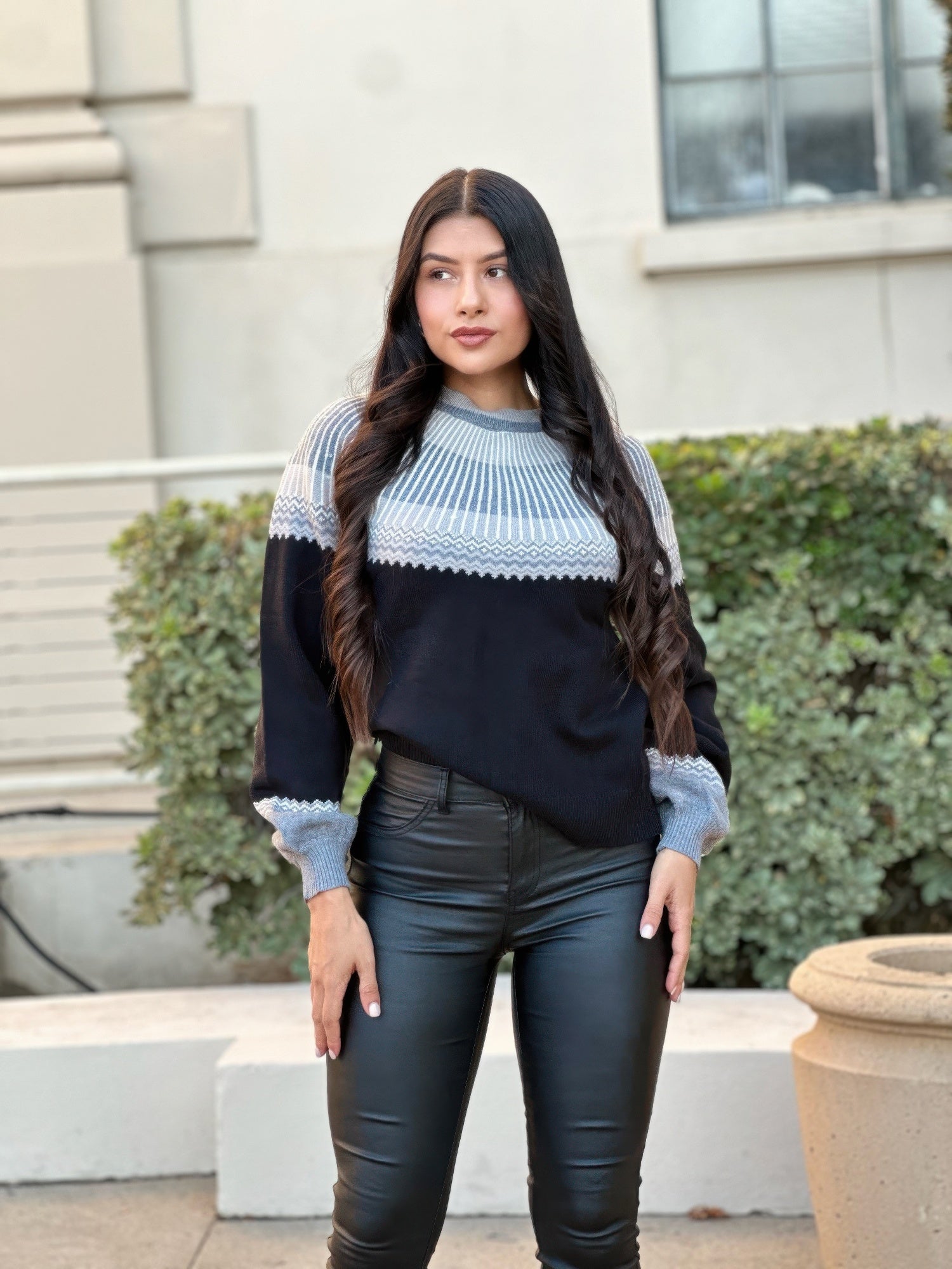 Neutral color block knit sweater: light blue striped yoke, dark body, banded hem