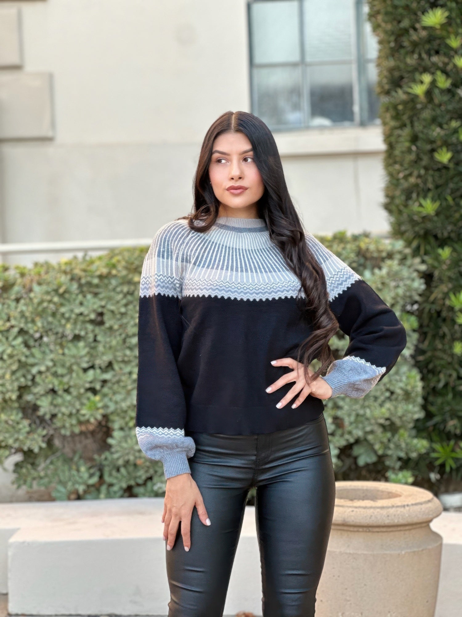 Neutral knit sweater front: patterned light blue yoke and dark torso panels