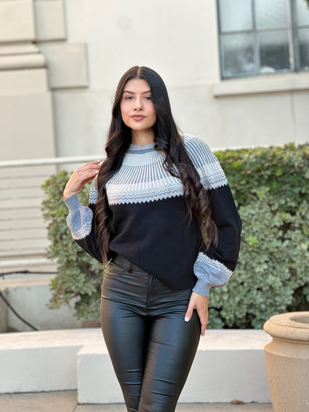 Color block pullover knit sweater, light blue striped upper and dark lower