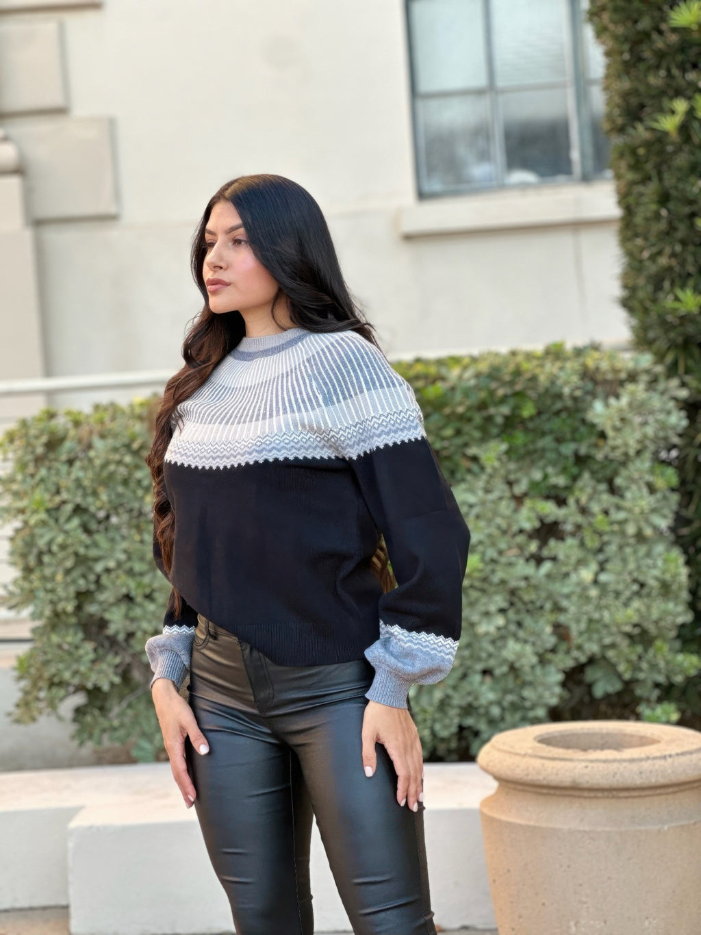 Side view knit sweater: light blue cuffs and yoke, dark body panels