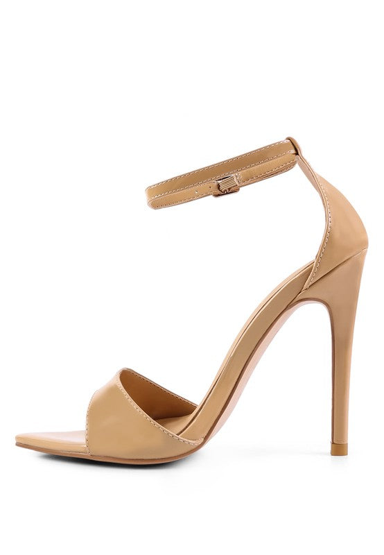 Tan open-toe high heel sandal with ankle strap and adjustable buckle on top