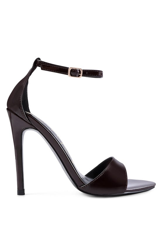 Ankle strap high heel sandal, dark brown upper with buckled ankle strap, open toe