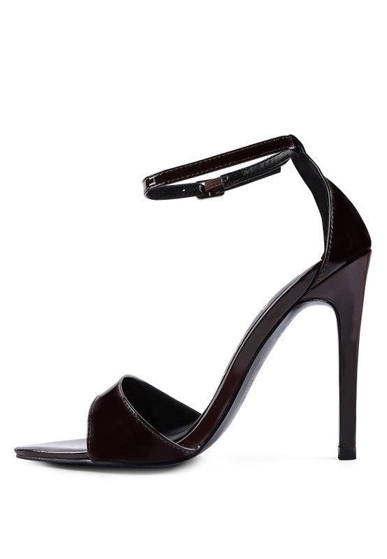 Dark brown ankle strap high-heeled sandal, open toe and thin stiletto heel