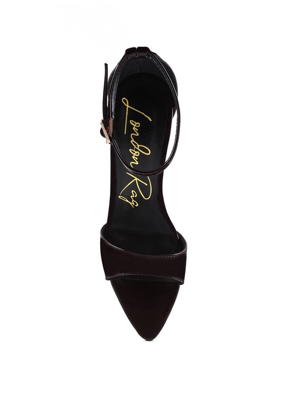 Dark ankle strap high-heeled sandal with thin ankle strap and pointed toe