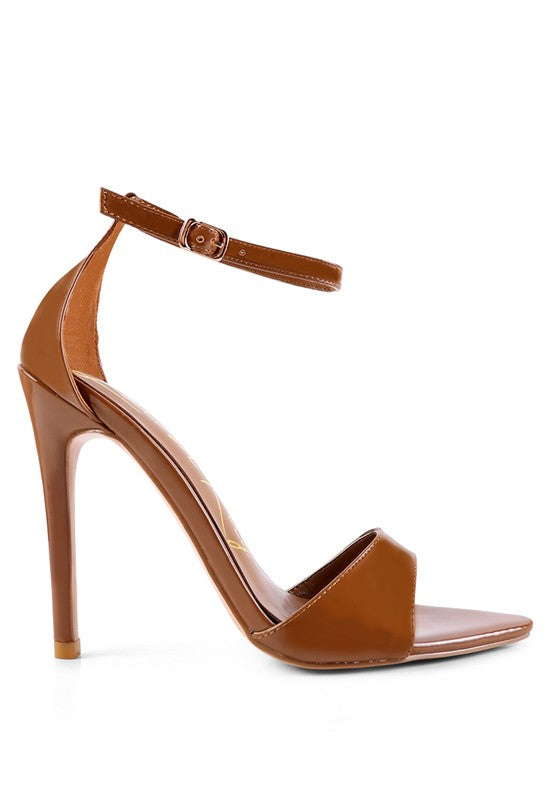 Tan ankle strap high-heeled sandal with curved topline and open toe