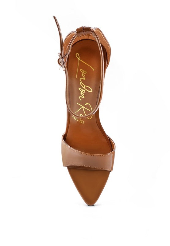 Medium-brown pointed-toe ankle-strap high heels with thin side straps.