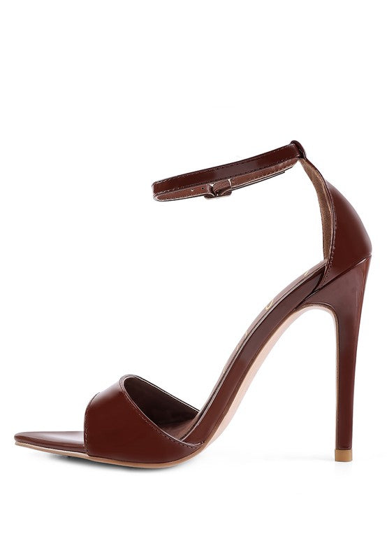 NEW FLAME high-heel sandals with ankle strap, dark brown, open toe front view