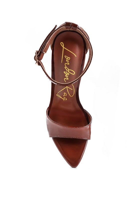 NEW FLAME high-heel sandals, dark brown, pointed toe and ankle strap buckle